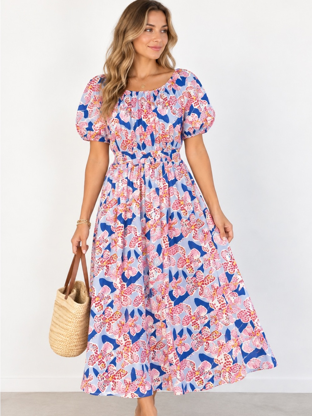 Anthropologie English Factory Pink & Blue Floral Puff-Sleeve Midi Dress